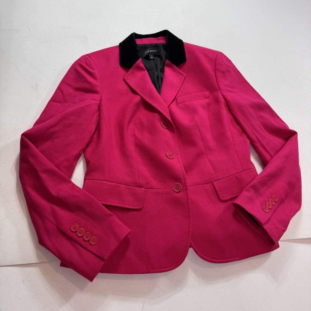 Talbots Blazer Womens 4 Pink Wool‎ Velvet Collar 3 Button Lined Tailored Jacket